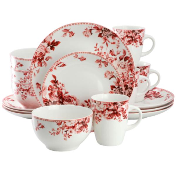 Traditional Red Rose Dinnerware Set - Red - 16 Piece - Elegant Design
