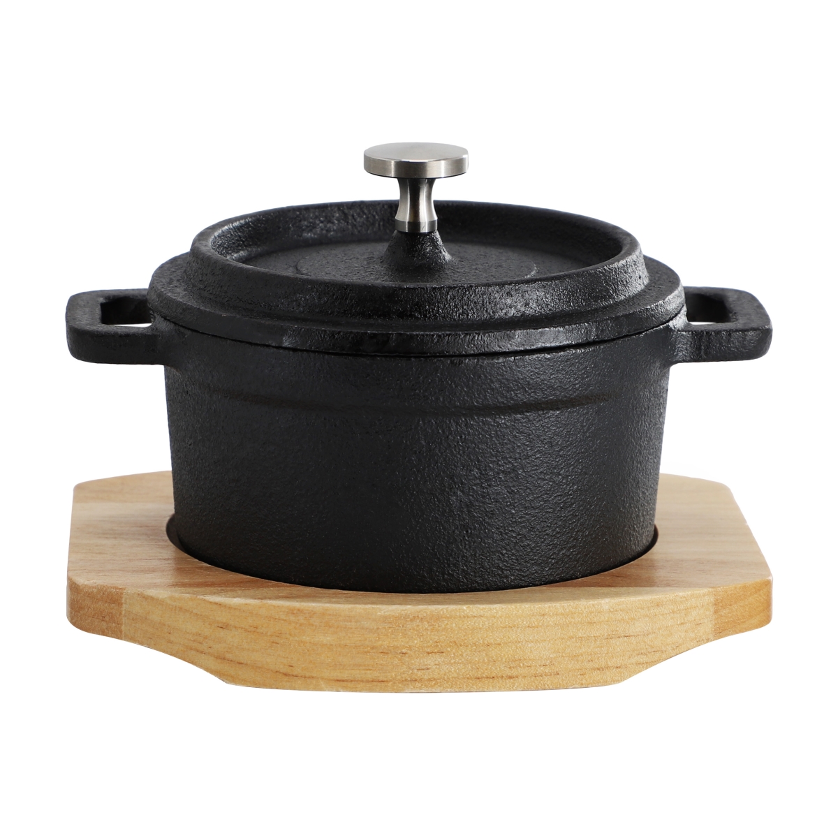 Picture of Megachef MCCI-342A 8 oz Cast Iron Mini Dutch Oven with Wood Tray
