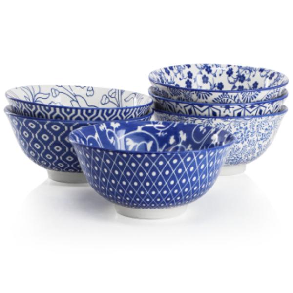 Picture of Elama ELM-MOXY-6-BOWL Moxy Assorted Design 20 oz Porcelain Footed Bowl Set in Blue - 6 Piece