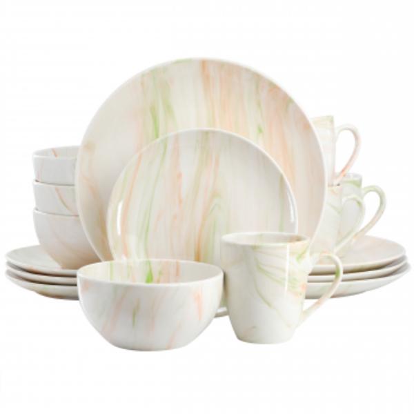 Picture of Elama EL-FINEMARBLE-OG Fine Marble Porcelain Dinnerware Set in Orange & Green - 16 Piece
