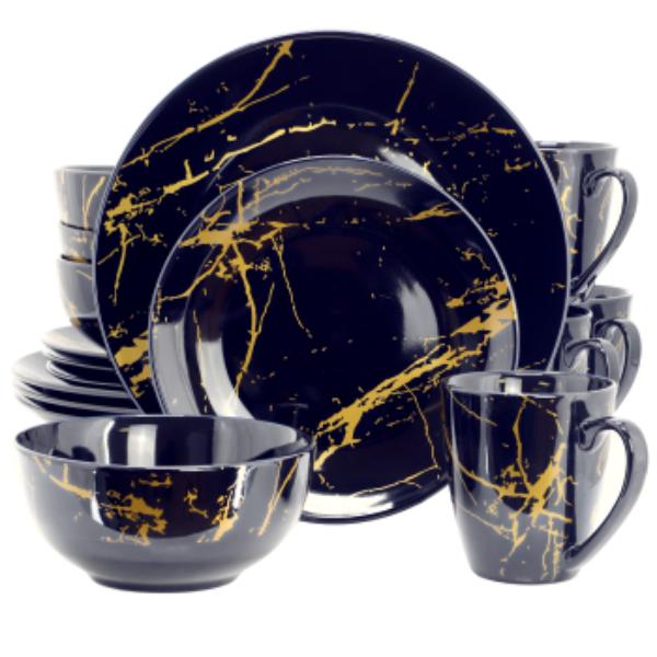 Picture of Elama EL-FINEMARBLE-DB-GLD Fine Marble Porcelain Dinnerware Set in Dark Blue with Gold Veining - 16 Piece