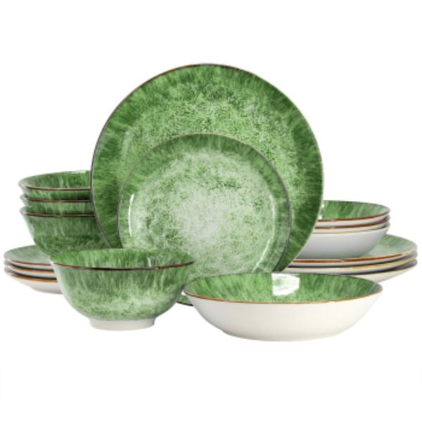 Picture of Elama ELM-OCEANUS-G-16 Oceanus Porcelain Double Bowl Dinnerware Set in Green - 16 Piece