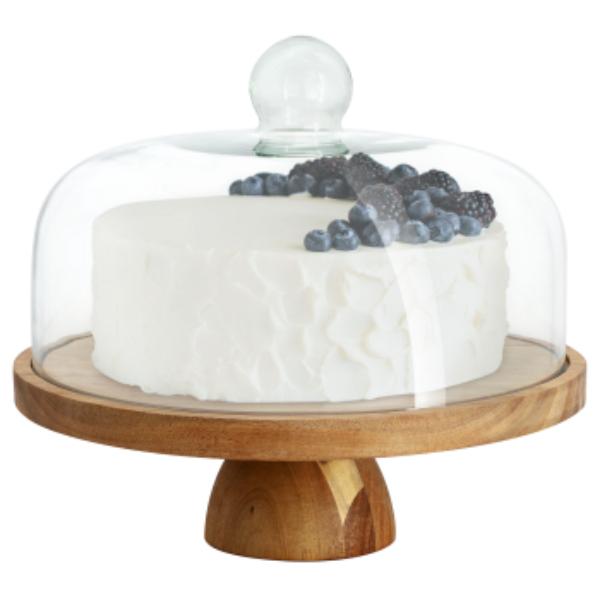 Picture of MegaChef MC-A102 Acacia Wood Multi-Function Cake Stand with Glass Dome Lid