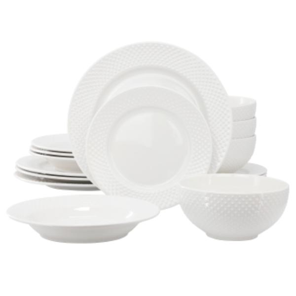 Picture of Elama ELM-KIM16 Kim Hobnail Double Bowl Porcelain Dinnerware Set in White - 16 Piece
