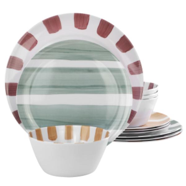 Picture of Gibson Home 148608.12 Cottage Stripes Melamine Dinnerware Set in White & Multi - 12 Piece