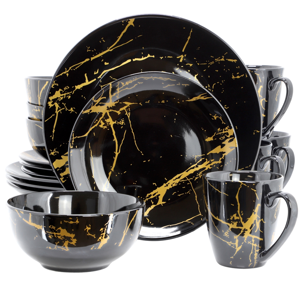 Picture of Elama EL-FINEMARBLE-BK-GLD Fine Marble Porcelain Dinnerware Set, Black with Gold Veining - 16 Piece