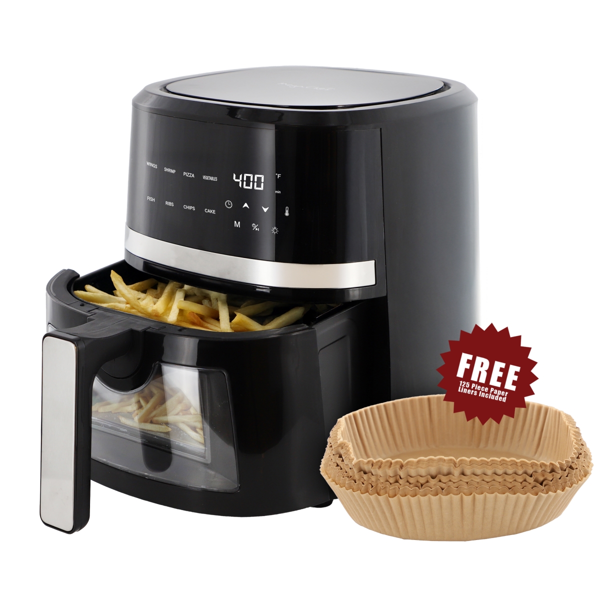 Picture of Megachef MCAI-380ETS 4 qt. Digital LED Display Electric Air Fryer with Transparent Window with 125 Piece Paper Liners, Black