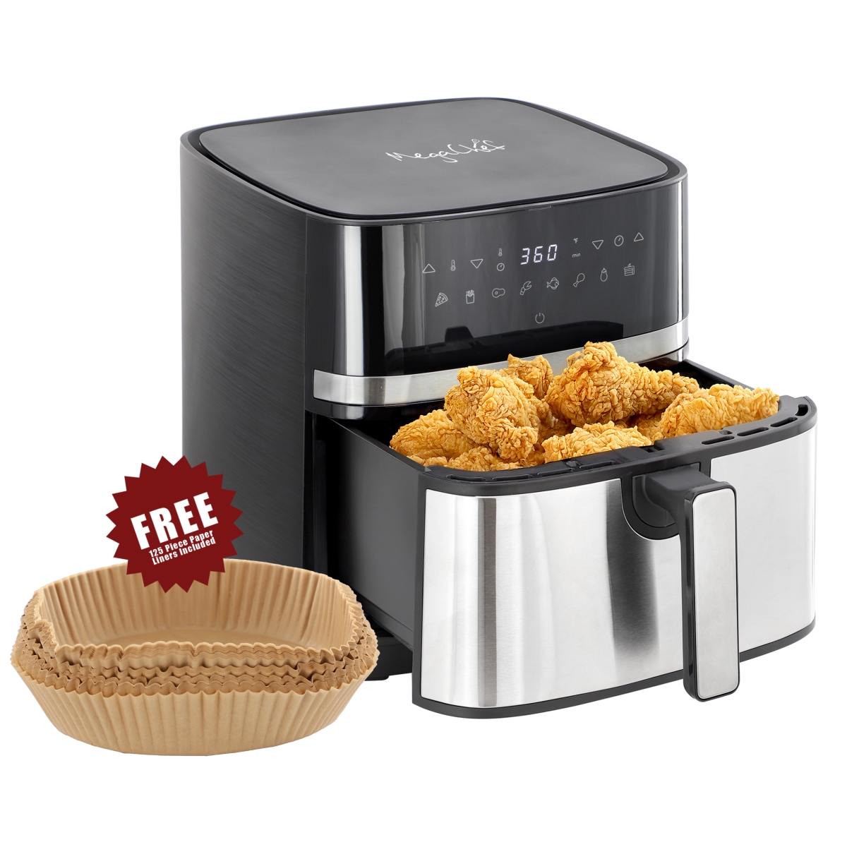 Picture of Megachef MCAI-820ES 8.5 qt. Bundle Electric Air Fryer in Black & Stainless Steel with 125 Piece Paper Liners