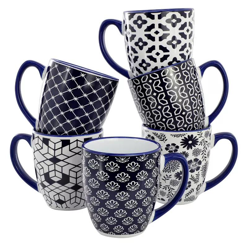 Picture of Elama ELM-FLYN 16 oz Flyn Assorted Design Sto are Mug Set - Navy Blue & White - 6 Piece