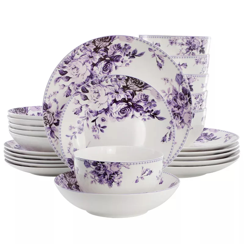 Picture of Elama EL-PURPLE-ROSE-24 Traditional Purple Rose Porcelain Double Bowl Dinnerware Set - 24 Piece