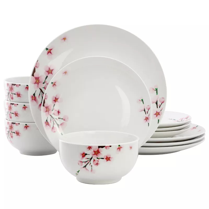 Picture of Elama ELM-TAMARA-12 Tamara Cherry Blossom Porcelain Dinnerware Set, White & Pink - 12 Piece