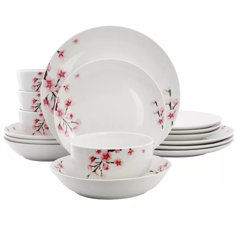 Picture of Elama ELM-TAMARA-16 Tamara Cherry Blossom Porcelain Double Bowl Dinnerware Set, White & Pink - 16 Piece