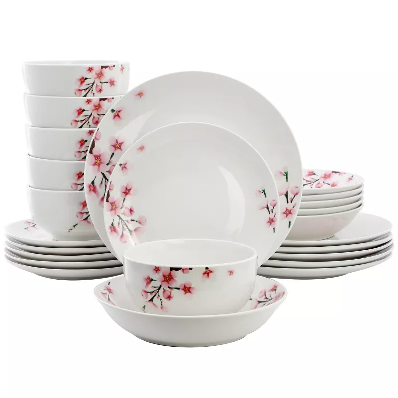 Picture of Elama ELM-TAMARA-24 Tamara Cherry Blossom Porcelain Double Bowl Dinnerware Set, White & Pink - 24 Piece