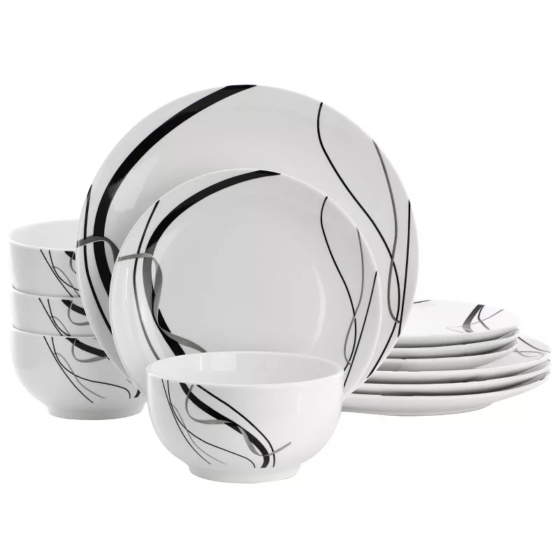 Picture of Elama ELM-SARAH-12 Sarah Porcelain Ribbon Dinnerware Set, White & Black - 12 Piece