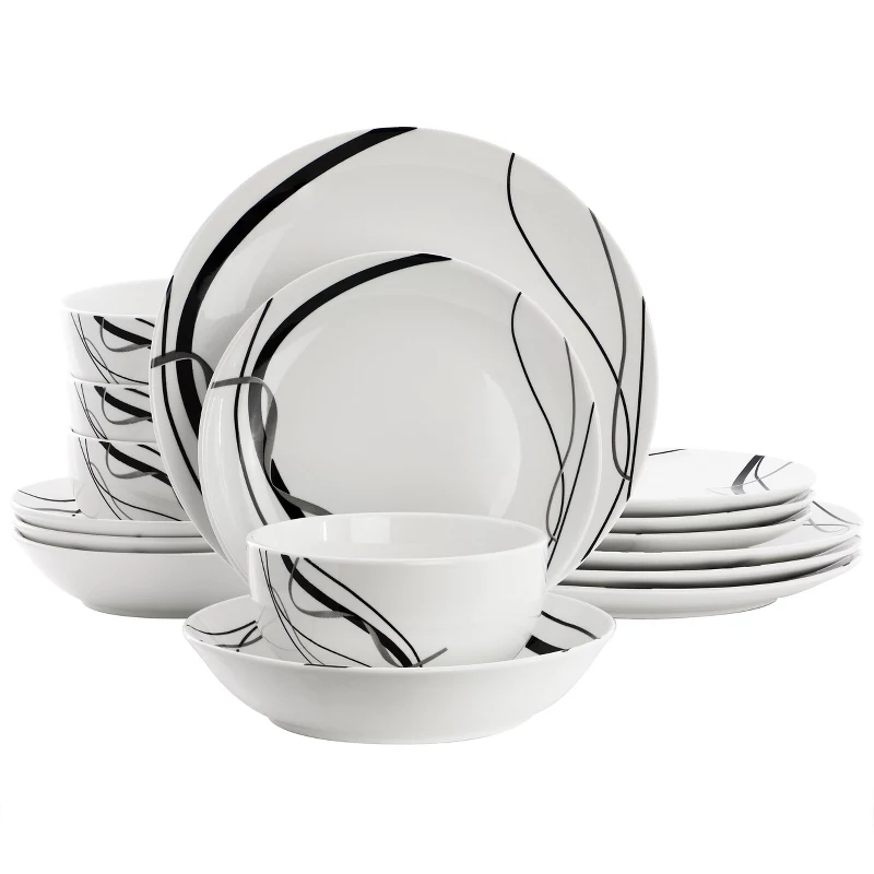 Picture of Elama ELM-SARAH-16 Sarah Porcelain Double Bowl Ribbon Dinnerware Set, White & Black - 16 Piece