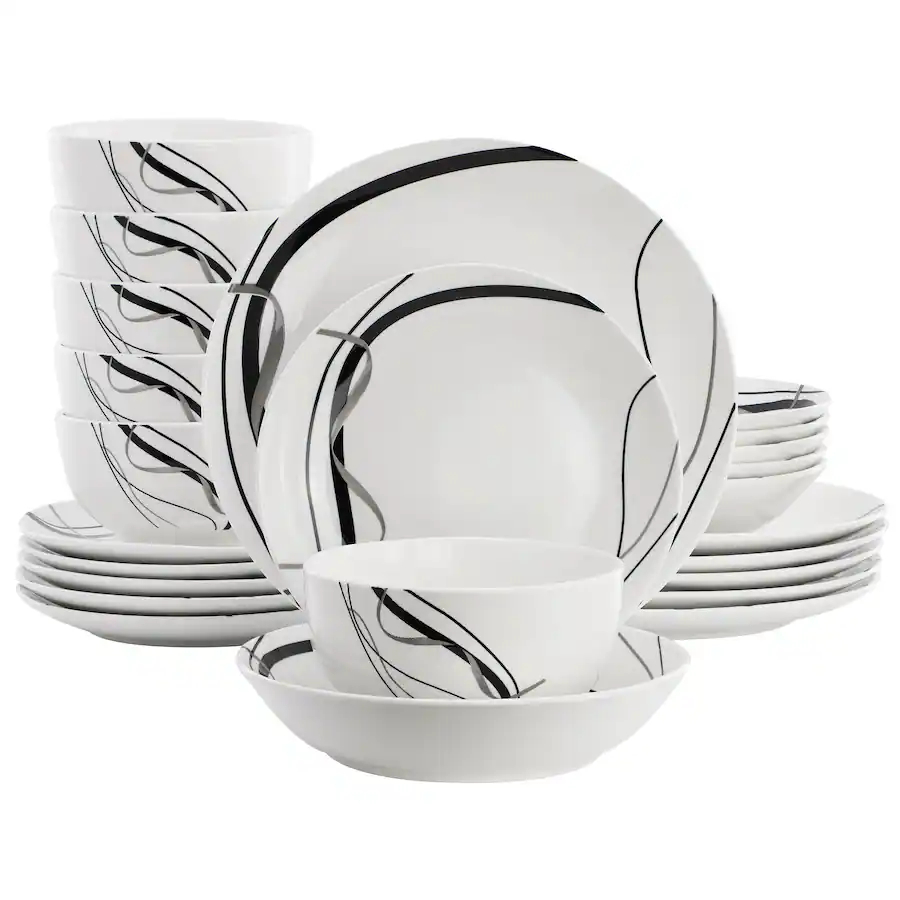 Picture of Elama ELM-SARAH-24 Sarah Porcelain Ribbon Double Bowl Dinnerware Set, Black & White - 24 Piece