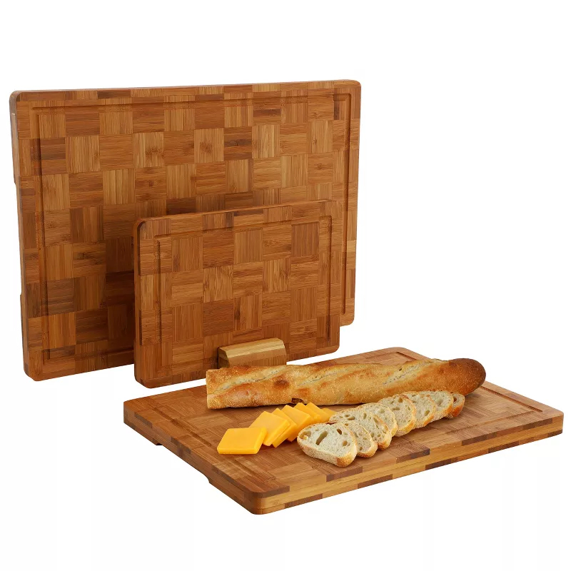Picture of Mega Chef MC-B128 Bamboo Checkered Pattern Cutting Board Set with Storage Holder - 3 Piece