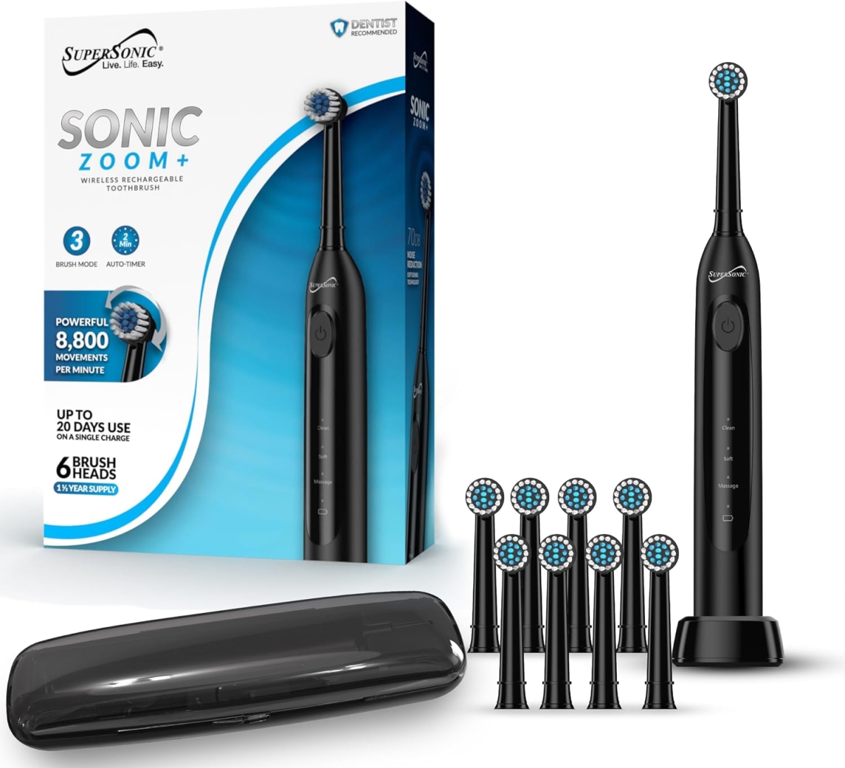 SuperSonic TB-1000-BLK Sonic Zoom Plus Wireless Rechargeable Toothbrush, Black