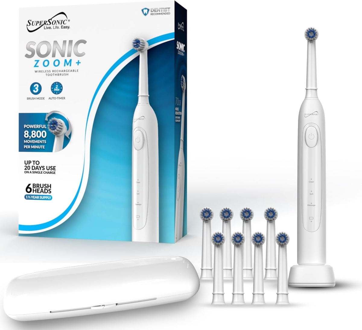 SuperSonic TB-1000-WHT Sonic Zoom Plus Wireless Rechargeable Toothbrush, White