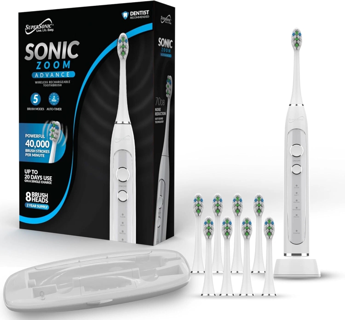 SuperSonic TB-5100-WHT Sonic Zoom Advance Wireless Rechargeable Toothbrush, White