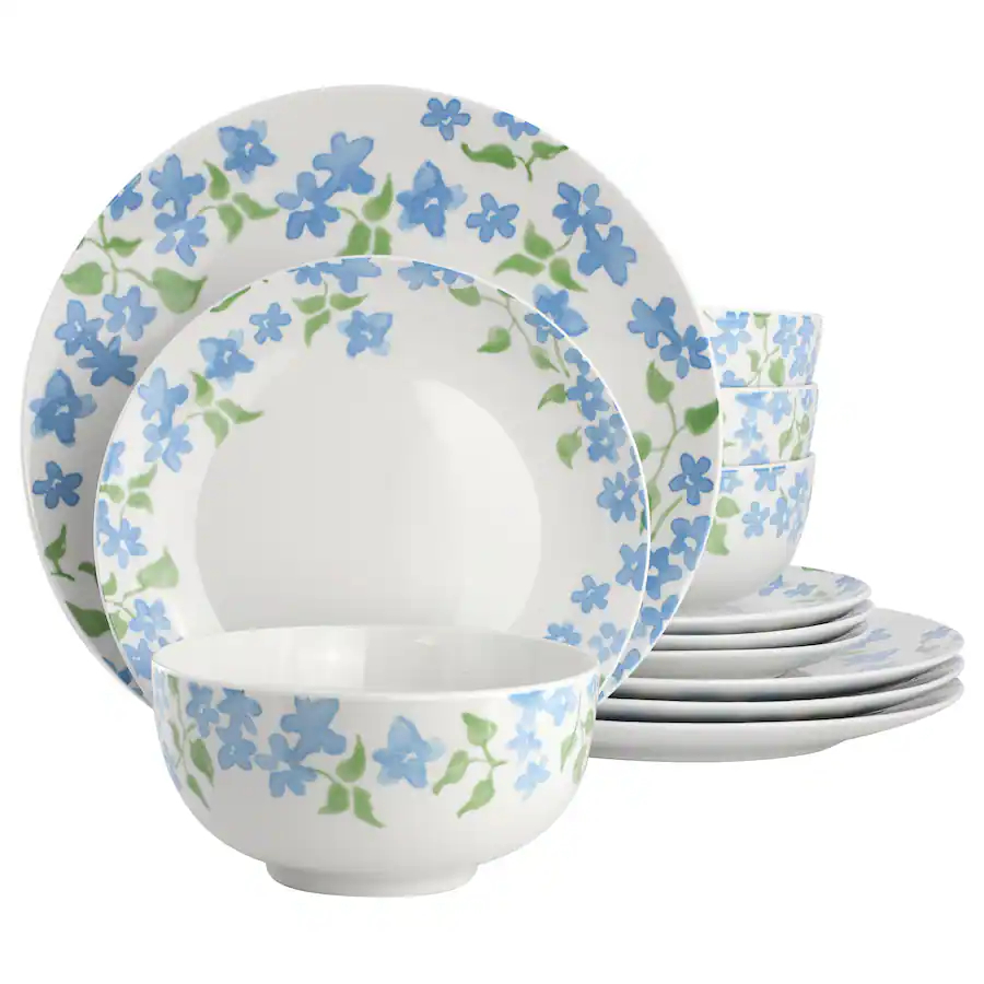 148481.12 Garden Aisle Fine Ceramic Dinnerware Set, Blue Floral - 12 Piece