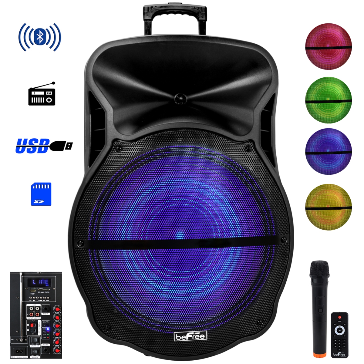 18 in. Blutooth Portable Rechargeable Party Speaker with Sound Reactive LED Party Lights, USB & SD, Microphone & Guitar Inputs & FM Radio