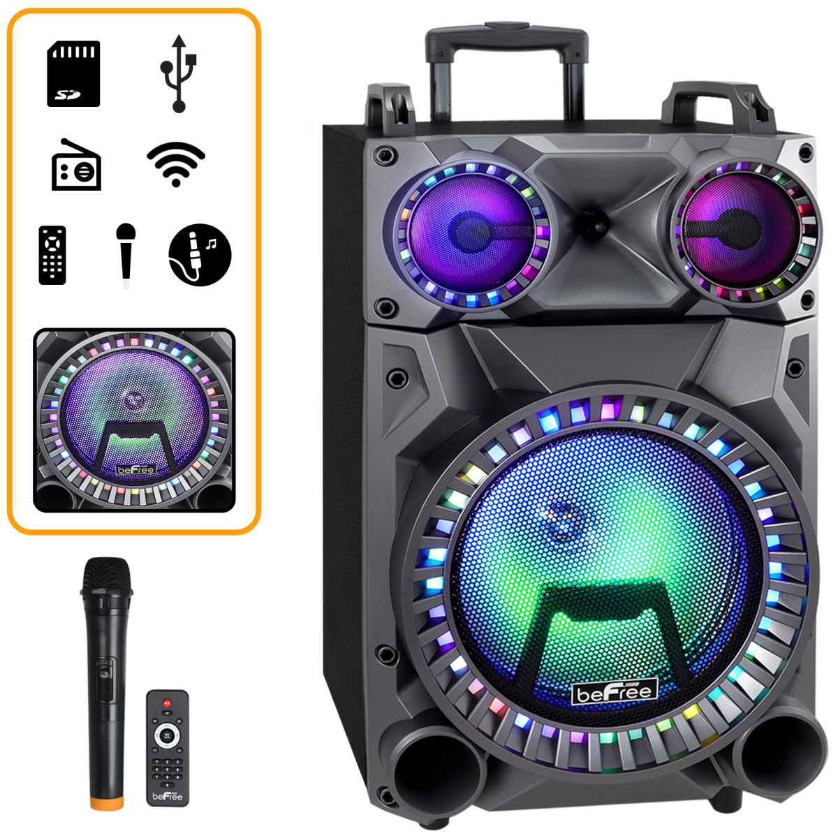 12 in. Rechargeable Bluetooth Portable Party Speaker with Party Lights, FM Radio & USB & TF Inputs -  Befree Sound, BE336164