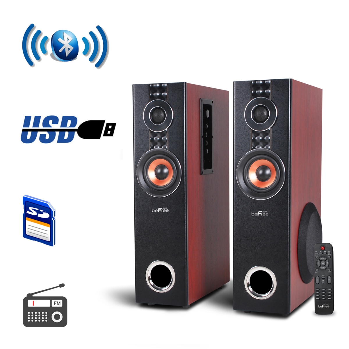 Picture of Befree Sound BFS-T110W-BR-BNDL 2.1 Channel Powered Bluetooth Dual Wood Tower Speakers with Optical Input