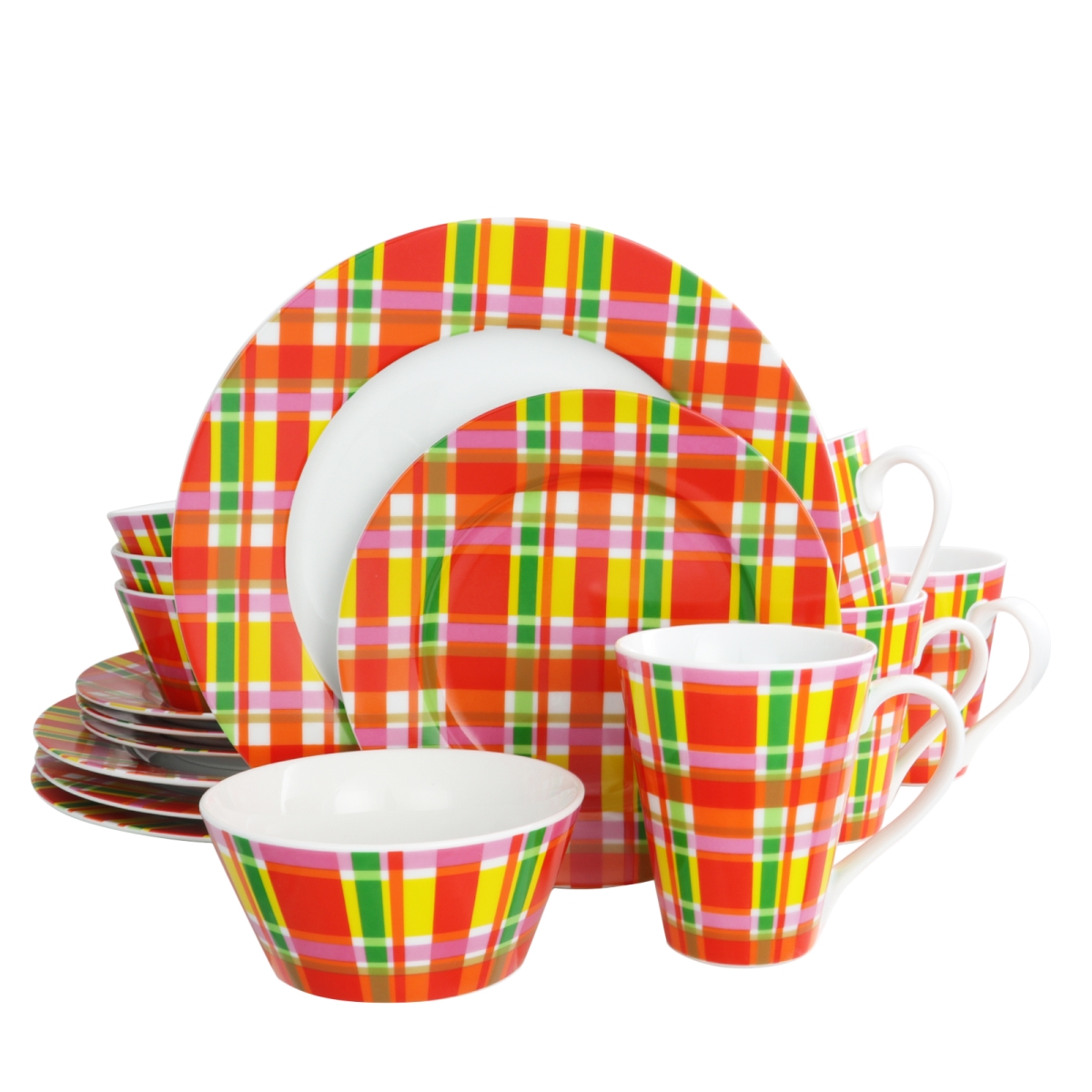 Picture of OUI by French Bull 100806.16 16 Piece Multi Plaid Porcelain Dinnerware Set