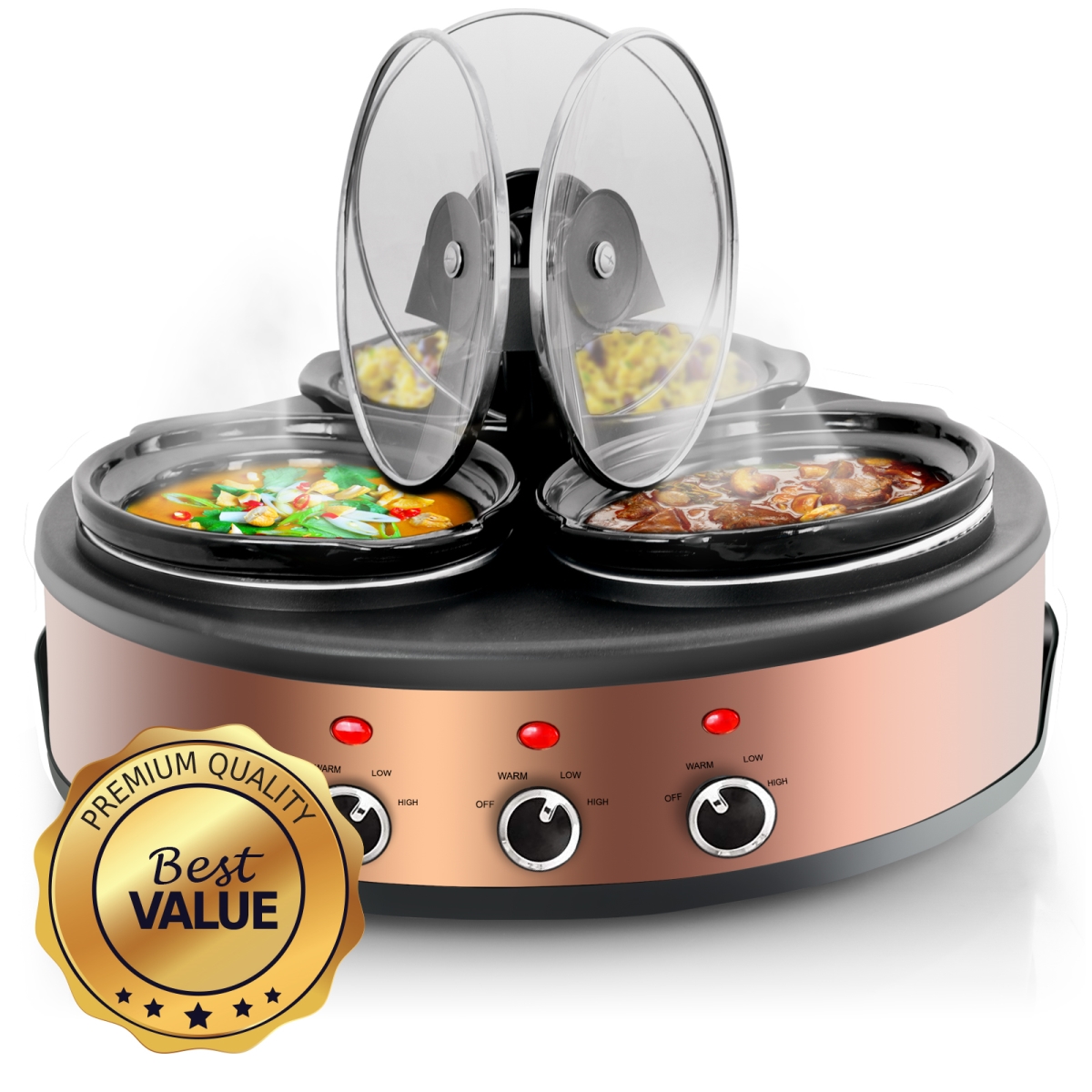1.5 qt. Round Triple Slow Cooker & Buffet Server with 3 Ceramic Cooking Pots & Removable Lid Rests - Brushed Copper & Black