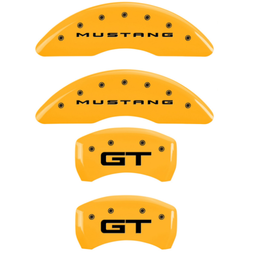 Engraved 2015 Mustang Front & 2015 GT Rear Caliper Cover - Yellow Powder Coat - Black Characters - Set of 4