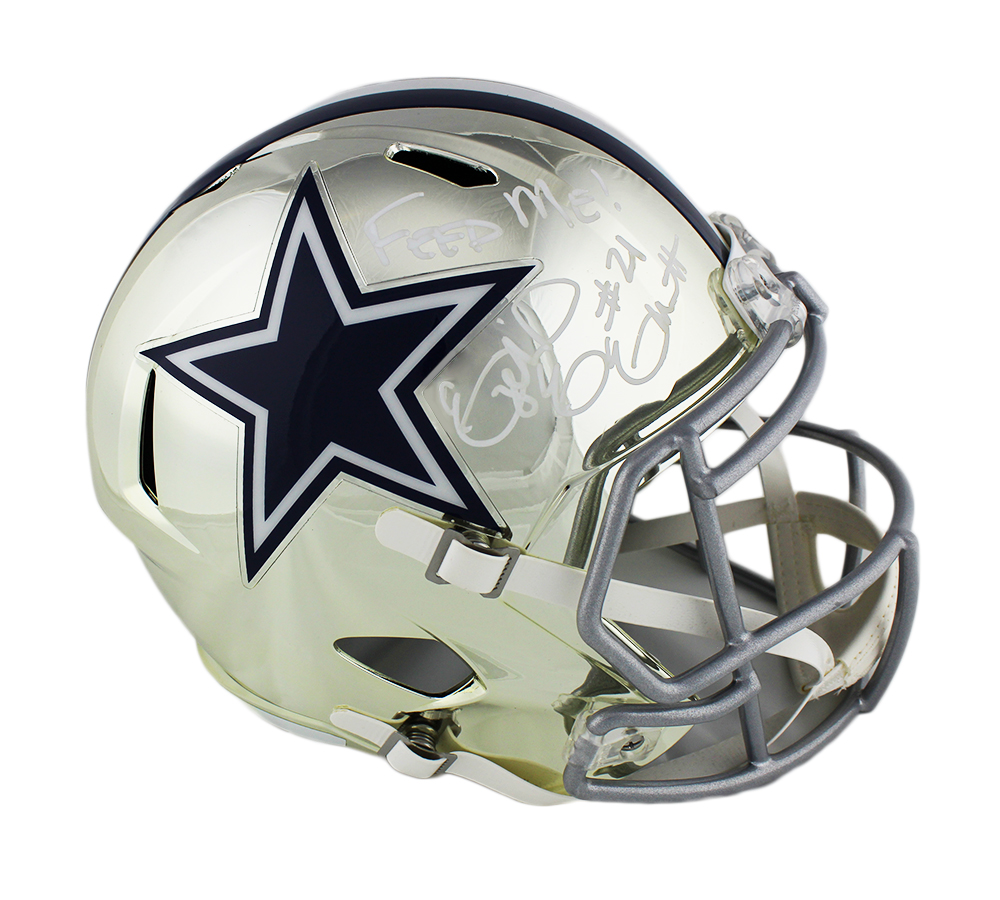 12957 Ezekiel Elliott Signed Dallas Cowboys Speed Full Size NFL Helmet with Feed Me Inscription, Chrome -  Radtke Sports