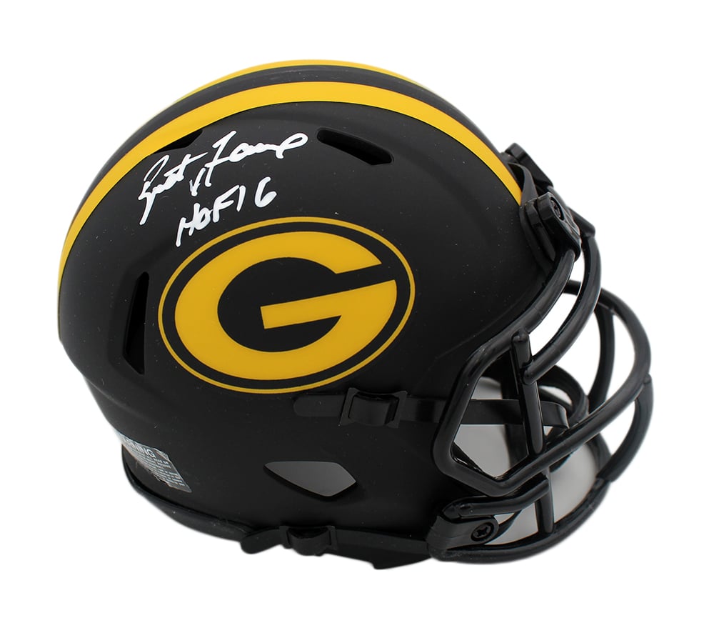 18008 Brett Favre Signed Green Bay Packers Speed Eclipse Mini Helmet with HOF 16 Inscription