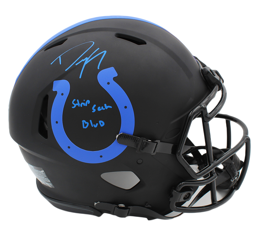 18232 Dwight Freeney Signed Indianapolis Colts Speed Authentic Eclipse NFL Helmet with Strip Sack Boulevard Inscription