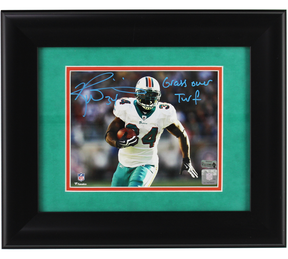 18105 8 x 10 in. Ricky Williams Signed Miami Dolphins Framed NFL Photo with White Jersey with Grass Over Turf Inscription -  Radtke Sports