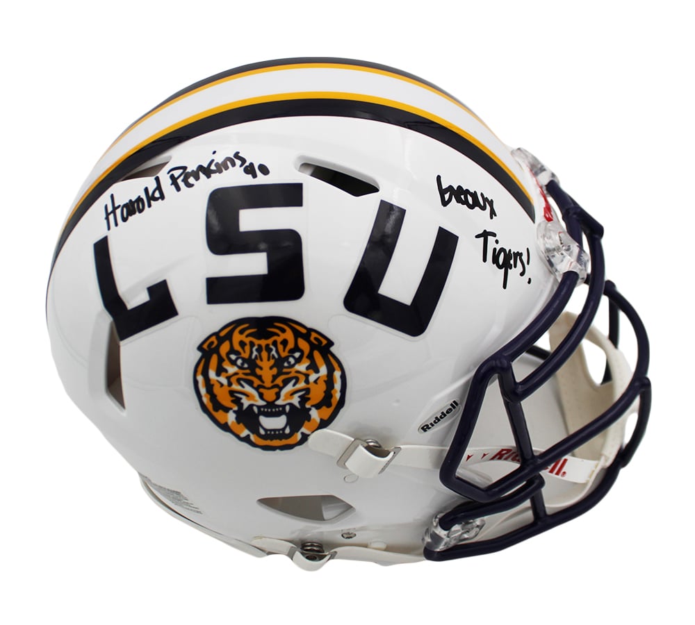23137 Harold Perkins Signed LSU Tigers Speed Authentic NCAA Helmet with Geaux Tigers Inscription, White