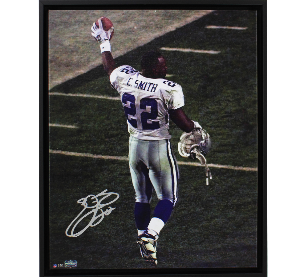 22889 16 x 20 in. Emmitt Smith Signed Dallas Cowboys Framed NFL Stretched Canvas Photo - Holding Ball in Air
