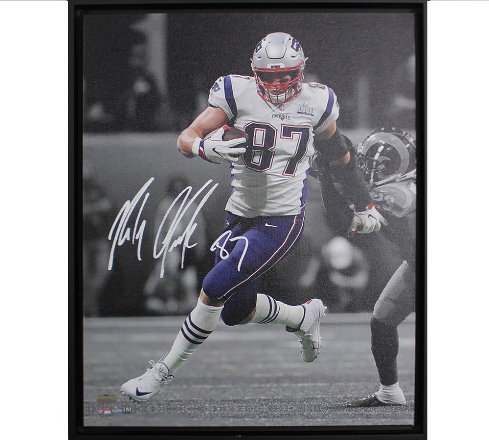 21592 20 x 24 in. Rob Gronkowski Signed   England Patriots Framed NFL Stretched Canvas Photo - Running