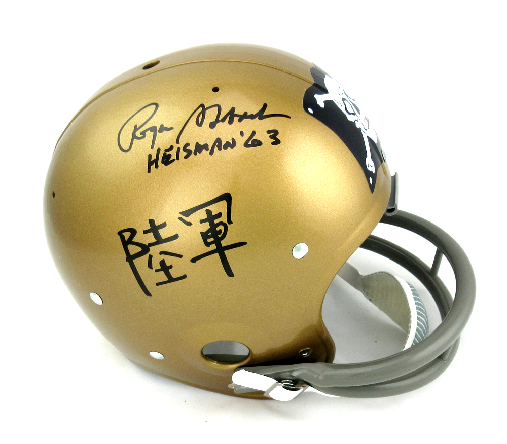 Picture of Radtke Sports 445 Roger Staubach Signed Navy Jolly Roger Throwback RK Helmet with Heisman 63
