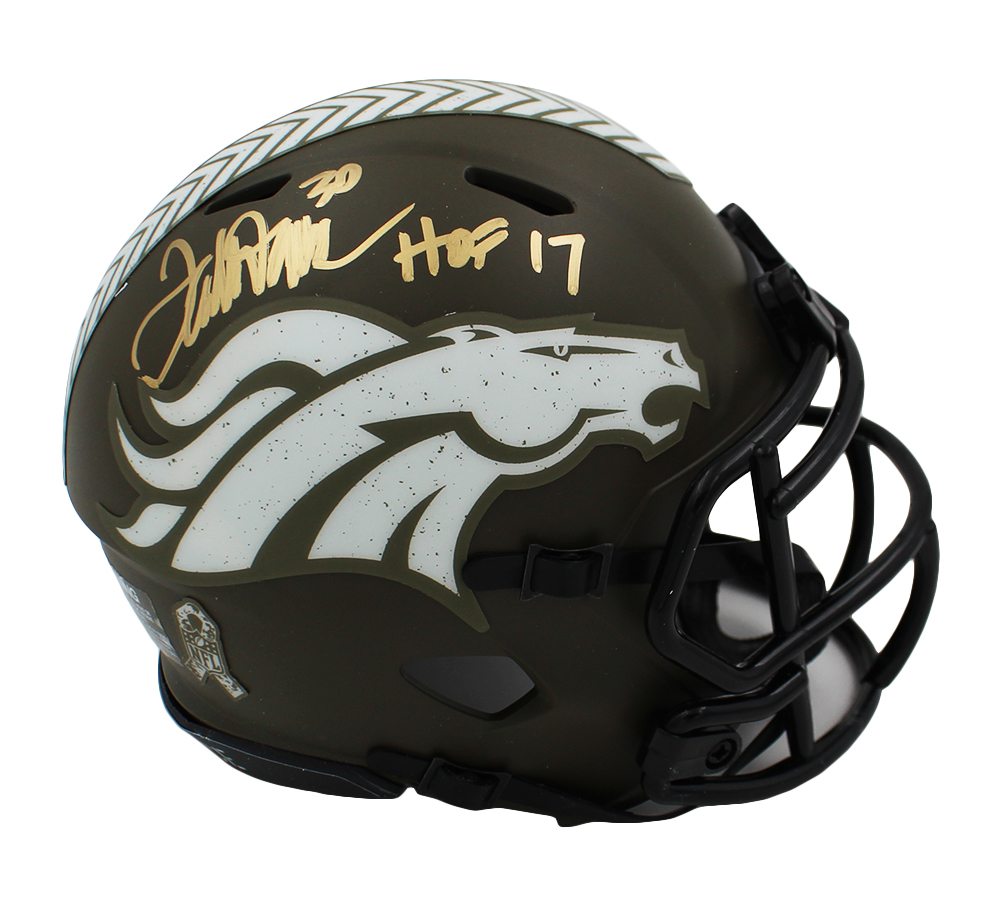 23416 Terrell Davis Signed Denver Broncos Speed Salute to Service NFL Mini Helmet with HOF 17 Inscription