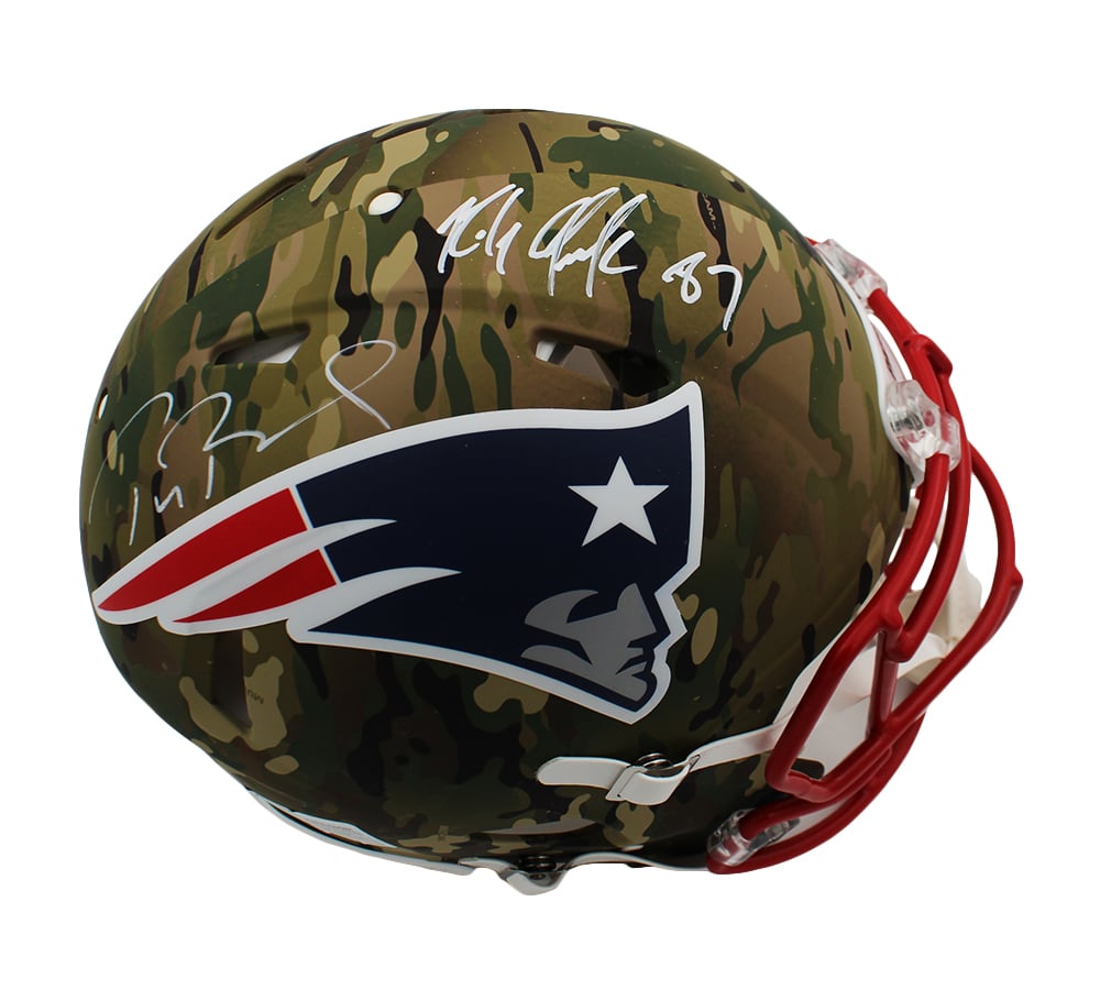 23466 Tom Brady & Rob Gronkowski Signed   England Patriots Speed Authentic Camo NFL Helmet