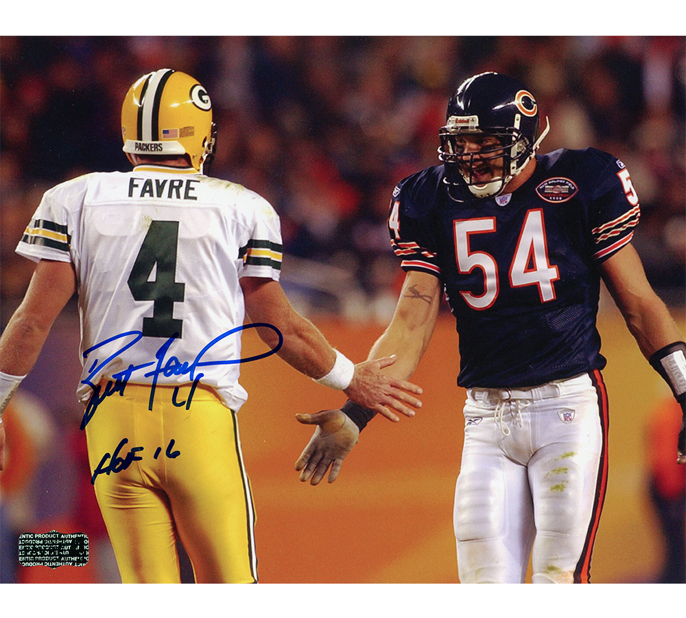 9350 8 x 10 in. Brett Favre Signed Green Bay Packers Unframed NFL Photo - with Urlacher with HOF 16 Inscription -  Radtke Sports