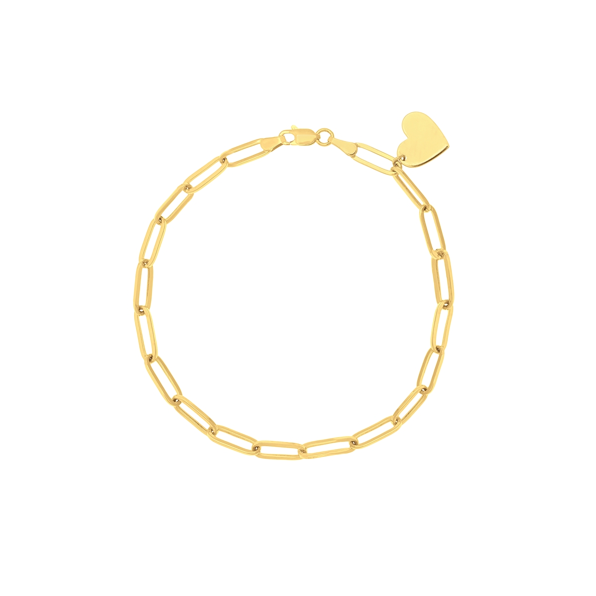UBS015036854-14Y-7.50 14K Yellow Gold Hollow Round Paperclip Bracelet with Dangle Heart Charm & Lobster Lock