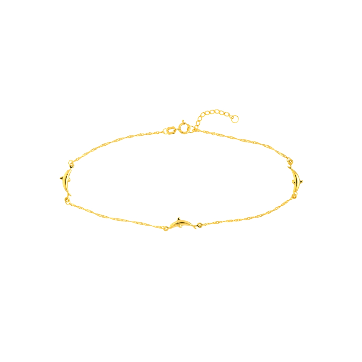 UBS015013413-14Y-10 10K Yellow Gold Dolphin Trio Adjustable Anklet with Spring Ring Lock