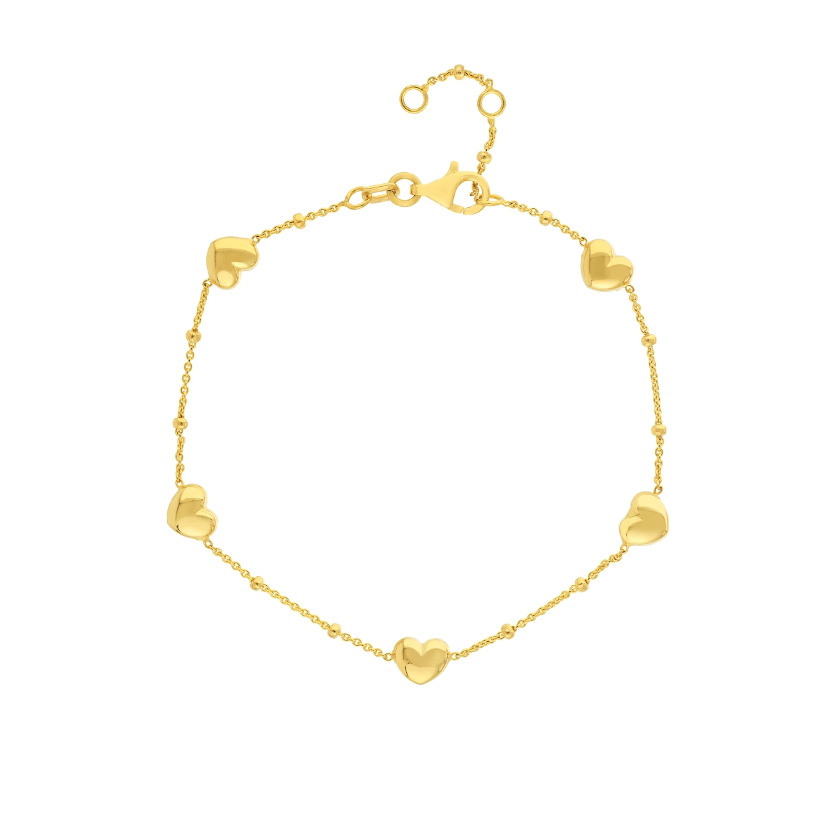 UBS015038018-14Y-7.25 14K Yellow Gold Puff Hearts Stations Bracelet with Adjustable Saturn Chain & Lobster Lock