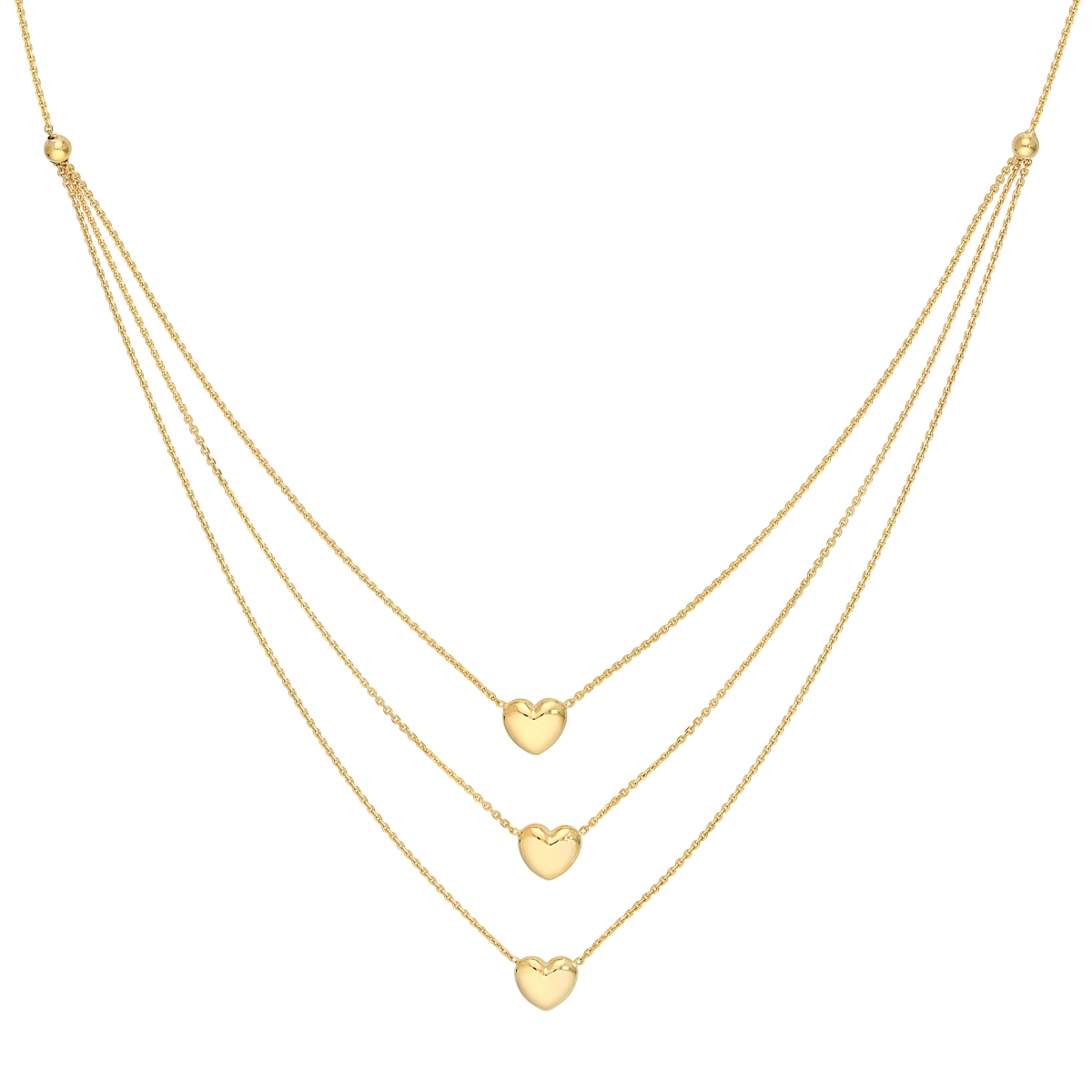 UBS015034892-14Y-18 14K Yellow Gold Triple Strand Puffed Heart Bib Adjustable Necklace with Lobster Lock