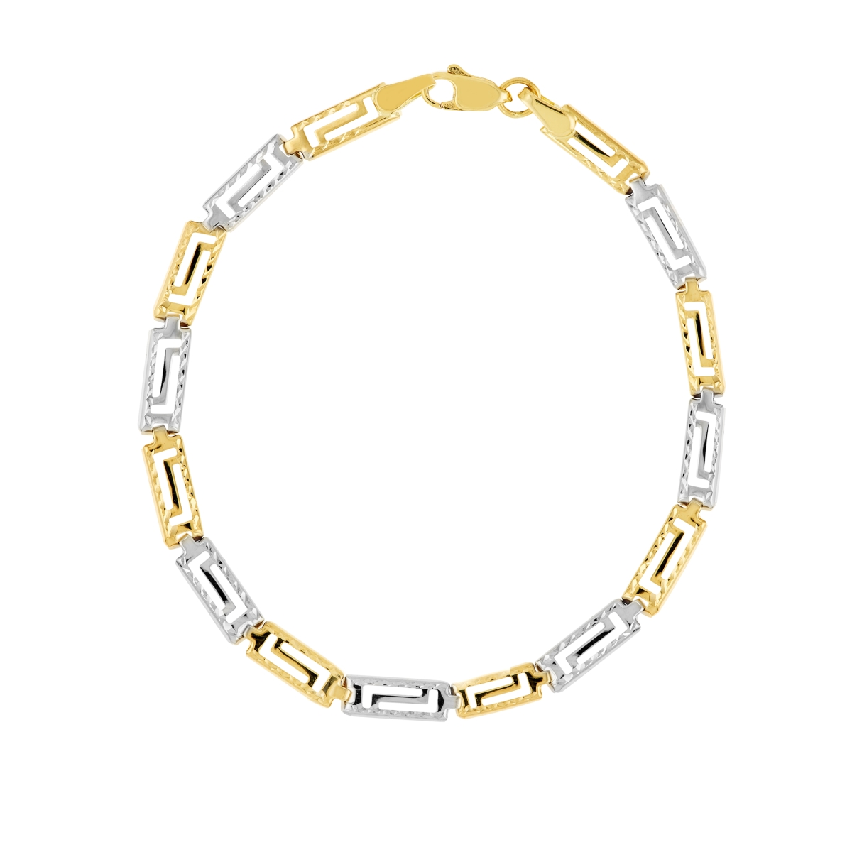 UBS014001715-10YB-7.25 10K Yellow & White Gold 2-Tone Diamond Cut Greek Key Bracelet with Pear Shape Lobster Lock