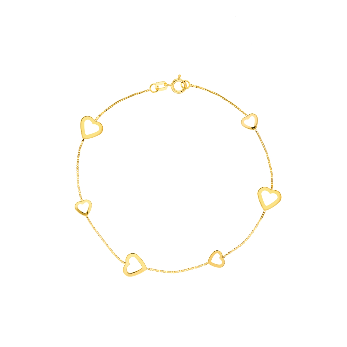 UBS015023504-14Y-7.50 14K Yellow Gold Box Chain Alternating Small & Large Open Heart Bracelet with Spring Ring Lock