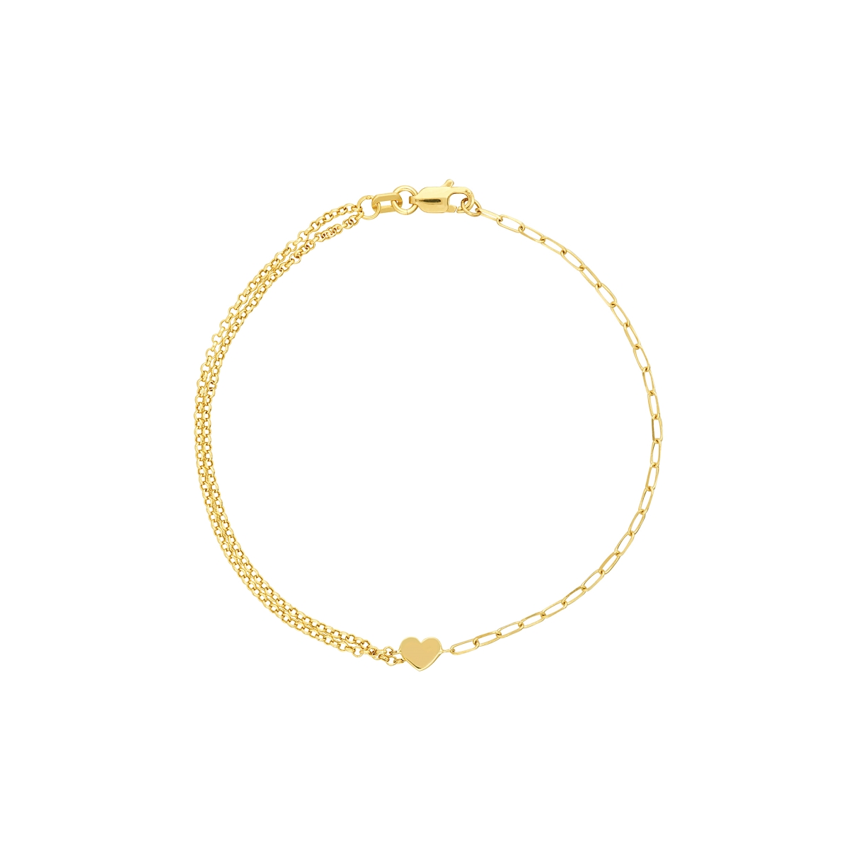 UBS015038064-14Y-7.50 14K Yellow Gold 50-50 Double Rolo Paperclip Heart Bracelet with Lobster Lock