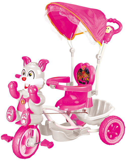 Picture of Amoroso Baby T-3605 Sunproof 3 Wheel Rabbit Kids Tricycle with Push Handle & Storage - Pink